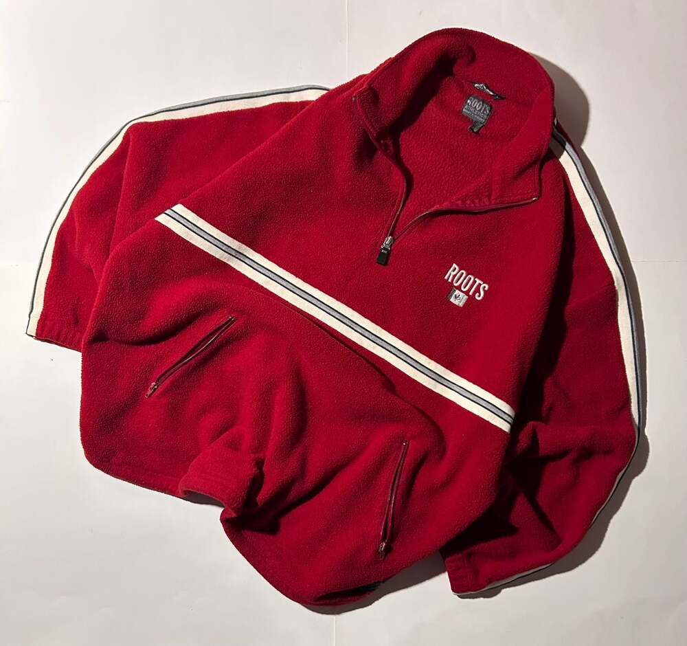 90s Vintage Roots Athletics Made in Canada Red Fleece Quarter-Zip Pullover